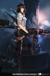 1girl artist_name black_boots black_gloves black_hair black_shorts boots devil_may_cry_(series) devil_may_cry_5 gloves highres jacket kalina_ann_(weapon) lady_(devil_may_cry) midriff neftali_hinojosa patreon_username rocket_launcher shorts signature weapon white_jacket