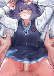1boy 1girl bed_sheet blue_overskirt blue_ribbon blue_skirt blue_vest blush censored clothed_female_nude_male commentary_request gakuen_idolmaster hataya_misuzu hatsuboshi_gakuen_school_uniform hetero highres idolmaster long_sleeves looking_at_viewer lying mole mole_under_mouth mosaic_censoring neck_ribbon nude on_back penis pov pov_crotch pov_hands purple_eyes purple_hair ribbon school_uniform shirt short_hair skirt skirt_set smile user_rtck8238 vest white_shirt