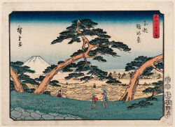 Rule 34 | 19th century, 1girl, 2boys, ando hiroshige, architecture, backpack, bag, black hair, blue kimono, blue sky, city, east asian architecture, fine art parody, gradient sky, grass, hat, highres, japanese clothes, japanese text, kimono, landscape, mount fuji, mountain, multiple boys, nihonga, oil-paper umbrella, original, outdoors, parody, red kimono, rock, sandals, scenery, sky, straw hat, thirty-six views of mount fuji (hiroshige), traditional media, translation request, tree, ukiyo-e, volcano