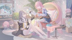 2girls absurdres acorn badge bare_legs barefoot black_choker black_coat black_corset black_gloves black_skirt blue_eyes blue_jacket blue_skirt button_badge cake camera cellphone chinese_commentary choker coat commentary corset dan_heng_(honkai:_star_rail) flower_ornament food food_in_mouth full_body gloves highres holding holding_phone honkai:_star_rail honkai_(series) jacket long_sleeves luzi/fengli_nanzi march_7th_(honkai:_star_rail) march_7th_(preservation)_(honkai:_star_rail) medium_hair miniskirt multicolored_eyes multiple_girls open_mouth partially_fingerless_gloves phone photo_(object) pink_eyes pink_hair pink_slippers pleated_skirt pom-pom_(honkai:_star_rail) round_table shirt single_glove sitting skirt slippers smartphone stelle_(honkai:_star_rail) stuffed_animal stuffed_toy table teddy_bear thigh_strap tied_jacket trailblazer_(honkai:_star_rail) two-tone_eyes white_shirt
