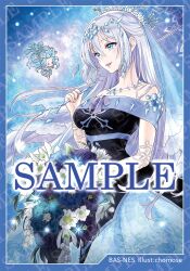 2girls bare_shoulders black_dress blue_eyes blue_hair bouquet breasts chomose collarbone dress duel_monster fairy flower hair_between_eyes hair_ornament highres holding holding_umbrella jewelry large_breasts long_hair multiple_girls necklace off-shoulder_dress off_shoulder open_mouth rikka_petal sample_watermark sleeveless sleeveless_dress smile snowflake_hair_ornament snowflakes strapless strapless_dress teardrop_the_rikka_queen umbrella watermark white_hair white_tiara yu-gi-oh!