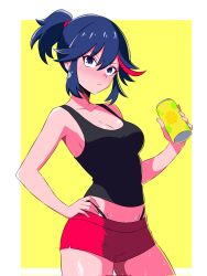 Rule 34 | 1girl, alternate costume, black tank top, blizzard (b1iz4rd), blue eyes, blue hair, border, breasts, can, cleavage, closed mouth, cowboy shot, drink can, hand on own hip, high ponytail, highres, holding, holding can, kill la kill, matoi ryuuko, medium breasts, multicolored hair, panty straps, ponytail, purple eyes, red hair, red shorts, shorts, simple background, solo, streaked hair, sweat, tank top, white border, yellow background