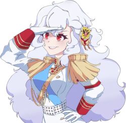 1girl aiguillette alpha_(alpha_1918) armband blue_sash breasts buttons collar cross cross_pendant epaulettes findoworld fluffy fluffy_hair gloves gold_buttons gold_trim grin hair_ornament lips long_hair looking_to_the_side medium_breasts military military_uniform original pink_lips red_eyes red_sleeve_cuffs russian_empire sash shading_eyes sleeve_cuffs smile solo sticker transparent transparent_background very_long_hair waist_sash white_gloves white_hair