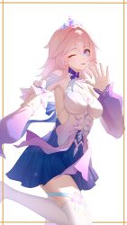1girl ;p absurdres bare_shoulders blue_eyes blue_skirt breasts chijiu_jo detached_sleeves hair_intakes highres honkai:_star_rail honkai_(series) long_hair long_sleeves looking_at_viewer march_7th_(honkai:_star_rail) march_7th_(nascent_spring)_(honkai:_star_rail) medium_breasts miniskirt one_eye_closed pink_hair purple_eyes simple_background skirt solo thighhighs tiara tongue tongue_out white_background white_thighhighs