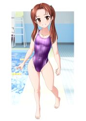 Rule 34 | 1girl, absurdres, breasts, brown eyes, brown hair, chair, commentary request, competition swimsuit, covered navel, full body, girls und panzer, grin, groin, highleg, highleg one-piece swimsuit, highres, kadotani anzu, lifeguard chair, long sleeves, one-piece swimsuit, poolside, purple one-piece swimsuit, small breasts, smile, solo, striped clothes, striped one-piece swimsuit, swimsuit, takafumi, twintails, variant set, walking