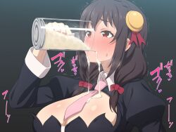 1girl blush bow braid breasts brown_hair cleavage_cutout closed_mouth clothing_cutout commentary_request crown_braid cum cum_in_container cum_in_cup cum_overflow cup drinking_glass gokkun hair_between_eyes hair_bow hair_ornament highres kono_subarashii_sekai_ni_bakuen_wo! kono_subarashii_sekai_ni_shukufuku_wo! large_breasts long_hair long_sleeves necktie nose_blush pink_necktie red_bow red_eyes ribbon solo sweatdrop tedain trembling upper_body wavy_mouth yunyun_(konosuba)