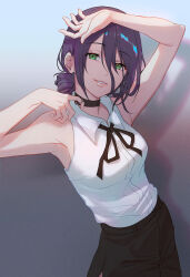 arms_up black_bow bow chainsaw_man choker green_eyes grenade_pin grey_background hair_bun highres looking_at_viewer lucidsky purple_hair reze_(chainsaw_man) shadow shirt shorts smile tagme white_shirt