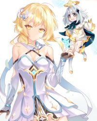 2girls :d absurdres bare_shoulders blonde_hair breasts bright_pupils cleavage commentary detached_sleeves dress fingerless_gloves genshin_impact gloves highres long_sleeves looking_at_another looking_at_viewer lumine_(genshin_impact) multiple_girls open_mouth paimon_(genshin_impact) parted_lips romper simple_background sleeveless sleeveless_dress smile vambraces white_background white_dress white_hair white_romper wide_sleeves yaya_chan yellow_eyes