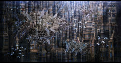 1girl bird blonde_hair blue_eyes building cityscape fantasy flying letterboxed original riding scenery sonidoriy wind wings