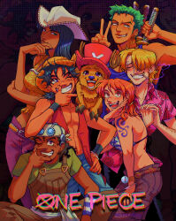 2girls 5boys antlers artist_name belt bikini bikini_top_only black_background black_hair blonde_hair blue_tank_top blush brown_overalls camisole closed_eyes commentary copyright_name cowboy_hat curly_eyebrows deadeery earrings english_commentary facial_hair goatee green_hair green_shirt hair_over_one_eye hat head_rest highres holding holding_sword holding_weapon horns jewelry log_pose long_nose looking_at_viewer medium_hair monkey_d._luffy multiple_boys multiple_girls nami_(one_piece) nami_(one_piece)_(skypiea) nico_robin nico_robin_(skypiea) one_eye_closed one_piece open_clothes open_shirt orange_hair overalls pants purple_pants red_shirt redrawn reindeer_antlers roronoa_zoro sanji_(one_piece) shirt short_hair shoulder_tattoo simple_background smile straw_hat_pirates swimsuit sword tank_top tattoo tony_tony_chopper twintails usopp v weapon white_hat yellow_camisole