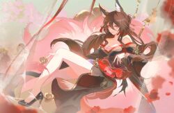 1girl absurdres animal_ear_fluff animal_ears bare_legs bare_shoulders black_shoes blurry brown_hair chinese_clothes closed_mouth commentary depth_of_field flower folding_fan fox_ears fox_girl fox_tail fugue_(honkai:_star_rail) full_body gold_trim gradient_hair green_eyes hair_between_eyes hair_ornament hair_stick half_updo hand_fan high_heels highres holding holding_fan honkai:_star_rail honkai_(series) long_hair long_sleeves looking_at_viewer multicolored_hair multiple_tails nail_polish off_shoulder patent_heels procreate_(medium) pumps red_flower red_hair red_nails red_petals shoes sitting smile solo tail tingyun_(honkai:_star_rail) wide_sleeves yutou_(yutou75)