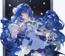 Rule 34 | 1girl, absurdres, alternate costume, armor, black background, black cape, black hairband, blue eyes, blue hair, bracer, brown hair, cape, colored inner hair, cowboy shot, dagger, dress, dual wielding, floating hair, hair intakes, hair ornament, hairband, hands up, highres, holding, holding dagger, holding knife, holding weapon, knife, long hair, multicolored hair, nekomeen, reverse:1999, short sleeves, shoulder armor, smile, solo, star (symbol), star hair ornament, thigh strap, very long hair, voyager (reverse:1999), weapon, white dress