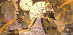 1boy 1girl absurdres aku_no_musume_(vocaloid) alcohol allen_avadonia bare_shoulders black_bow black_bowtie blonde_hair blue_eyes bow bowtie checkered_floor clock closed_eyes closed_mouth commentary cup dress dress_bow drinking_glass evillious_nendaiki flower frilled_dress frilled_sleeves frills gears gown hair_bow hair_ornament hair_up hairpin hand_on_own_knee highres imoudosuki kagamine_len kagamine_rin multicolored_dress petals profile puffy_sleeves red_wine ribbon riliane_lucifen_d&#039;autriche roman_numeral rose rose_petals siblings sidelocks sitting spilling twins vocaloid wine wine_glass yellow_flower yellow_ribbon yellow_rose