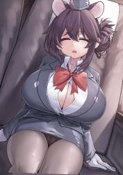 1girl animal_ears black_hair blazer blue_archive bow bowtie breasts cameltoe cleavage cleavage_window drooling gene_(gear_gene) gloves hair_up hat highres huge_breasts jacket kaede_(blue_archive) kaede_(guide)_(blue_archive) mini_hat miniskirt open_mouth panties panties_under_pantyhose pantyhose partially_unbuttoned pillbox_hat shirt side_bun sitting skirt sleeping solo underwear upskirt white_gloves