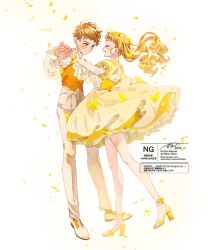 1boy 1girl amai_shirou aoi_tete blonde_hair brown_hair bug butterfly closed_eyes closed_mouth couple dress falling_petals frilled_wristband highres holding_hands insect kasugano_urara_(yes!_precure_5) looking_at_another official_alternate_costume open_mouth orange_vest pants petals precure sandals short_bangs short_hair teeth twintails upper_teeth_only vest wristband yellow_dress yellow_sandals yes!_precure_5 yes!_precure_5_gogo!