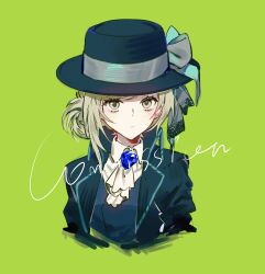 1girl ascot asymmetrical_hair black_hat black_jacket blazer blue_gemstone blue_vest bow chinese_commentary closed_mouth collared_jacket collared_shirt commentary_request commission cropped_torso eyelashes gem green_background green_eyes grey_bow grey_hair hair_bun hat hat_bow highres jacket kitakawayui lapels light_blush light_frown long_sleeves looking_at_viewer notched_lapels open_clothes open_jacket reverse:1999 shirt short_hair simple_background single_side_bun single_sidelock solo swept_bangs top_hat vertin_(reverse:1999) vest watermark white_ascot white_shirt