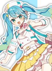 Rule 34 | 1girl, aqua eyes, aqua hair, aqua nails, bag, belt, blonde hair, blush, collarbone, cropped jacket, gradient hair, hair ornament, hatsune miku, highres, jacket, long hair, long sleeves, looking at viewer, magical mirai (vocaloid), magical mirai miku, magical mirai miku (2024), midriff, multicolored hair, official alternate costume, official alternate hairstyle, open mouth, pink nails, plaid clothes, plaid skirt, pleated skirt, shorts, shorts under skirt, shoulder bag, skirt, smile, solo, tsuchinoko (tutituti0125), twintails, very long hair, vocaloid, white belt, white jacket, yellow skirt