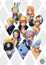 Rule 34 | 2girls, 6+boys, antlers, arm tattoo, bag, bandana around arm, bikini, bikini top only, black hair, blonde hair, blue hair, blue shirt, brook (one piece), collarbone, cross, crown, curly eyebrows, eyewear on head, facial hair, franky (one piece), goatee, green bikini, green hair, green kimono, hair slicked back, hashtag-only commentary, hat, highres, hood, horns, japanese clothes, jinbe (one piece), kimono, long nose, monkey d. luffy, multiple boys, multiple girls, nami (one piece), nami (one piece) (return to sabaody), nico robin, nico robin (return to sabaody), official alternate costume, one eye closed, one piece, open mouth, orange hair, pompadour, ponytail, reindeer antlers, roronoa zoro, sanji (one piece), scar, scar across eye, scar on face, sergiromero, shirt, shoulder bag, sidelocks, skeleton, smile, straw hat, straw hat pirates, swimsuit, tattoo, tony tony chopper, usopp, v, zipper