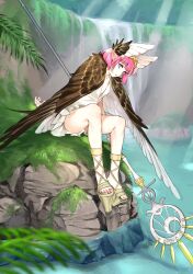 1girl brown_wings circe_(fate) cross-laced_sandals dress fate/grand_order fate_(series) feathered_wings head_wings highres jewelry looking_at_viewer mage_staff open_mouth outdoors pink_hair pointy_ears rinsanson solo winged_hair_ornament wings