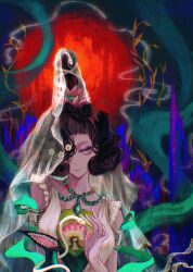 1girl bare_shoulders bottle closed_mouth dark_background dress green_shawl hagoromo hair_bun hair_over_one_eye hand_up highres jade_(gemstone) jewelry lotus_hair_ornament necklace official_alternate_costume pink_eyes reverse:1999 s-w_(sandm-w) shawl short_hair single_hair_bun sleeveless sleeveless_dress smile solo tuesday_(reverse:1999) tuesday_(story_of_the_jade_vase)_(reverse:1999) upper_body veil white_dress white_veil