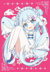 1girl aobahosino apron blue_eyes blue_hair blue_shoes bow china_dress chinese_clothes cleavage_cutout clothing_cutout commentary_request dress fang frilled_sleeves frills full_body hair_bow hair_bun hair_ornament hair_ribbon hatsune_miku lolita_fashion long_hair looking_at_viewer maid_headdress mandarin_collar open_mouth qi_lolita red_background ribbon shoes signature skin_fang sleeves_past_fingers sleeves_past_wrists smile socks solo tress_ribbon twintails very_long_hair very_long_sleeves vocaloid white_apron white_ribbon white_socks