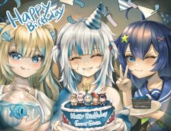 3girls ;3 absurdres ahoge birthday_cake blonde_hair blue_eyes blue_hair blue_hoodie blue_sailor_collar blue_streaks cake cake_slice candle closed_eyes confetti dress fire fish fishbowl food food_on_face gawr_gura gawr_gura_(1st_costume) green_neckerchief hair_ornament happy_birthday hat highres holding holding_plate hololive hololive_english hood hoodie idfasler indie_virtual_youtuber long_hair mori_calliope multiple_girls neckerchief ninomae_ina&#039;nis one_eye_closed party_hat plate sailor_collar sameko_saba school_uniform seashell senzawa serafuku shark_girl shark_hair_ornament shell star_(symbol) star_hair_ornament takanashi_kiara two_side_up v virtual_youtuber voice_actor_connection watson_amelia white_dress white_hair x_hair_ornament