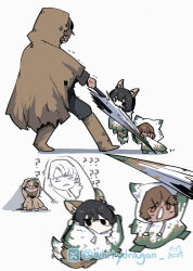 1girl 2boys ? ?? animal_ears arm_up boots brown_cloak brown_hair brown_raincoat cloak drawstring e.g.o_(project_moon) fox_ears green_footwear heathcliff_(project_moon) highres holding holding_umbrella hood hood_up hooded_cloak hooded_coat limbus_company multiple_boys open_mouth orange_eyes outis_(project_moon) project_moon raincoat simple_background sunshower_(e.g.o) technology_liberation_alliance_(identity)_(project_moon) torn_umbrella umbrella v-shaped_eyebrows white_background white_raincoat whitydragon yi_sang_(project_moon)