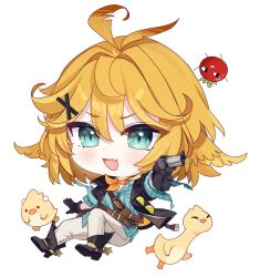 :d ahoge aqua_eyes aqua_shirt belt black_boots black_gloves black_jacket blonde_hair boots chibi chocola_vt dokibird dokibird_(bounty_hunter) dokibird_(tomato) dragoon_(dokibird) fang full_body gloves gun handgun holding holding_weapon indie_virtual_youtuber jacket medium_hair neckerchief open_mouth orange_neckerchief pants revolver shirt simple_background skin_fang smile sunglasses untucked_shirt unworn_eyewear virtual_youtuber weapon white_background white_pants