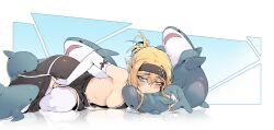 1girl :3 arm_fins black_dress black_headband blonde_hair blue_eyes blush breasts closed_mouth dress elbow_gloves elf fins gills gloves head_fins headband highres ikea_shark karasu_raven light_smile looking_to_the_side lying medium_breasts monster_girl official_art open_mouth orc_massage pointy_ears shark sharp_teeth sideboob smile socks stuffed_animal stuffed_shark stuffed_toy teeth thalia_(orc_massage) thighhighs white_gloves white_socks x