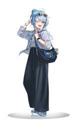 1girl ;d absurdres alternate_costume alternate_hairstyle arahashi_tabi badge bag black_bag black_pants blue_eyes blue_hair blue_shoes blush breasts button_badge collarbone collared_shirt commentary drawstring eyewear_on_head firehippo flute full_body furrowed_brow grey_shirt hair_bun hair_intakes hands_up highres instrument jewelry long_hair looking_at_viewer medium_breasts messy_hair multicolored_shoes necklace nike_(company) one_eye_closed open_clothes open_mouth open_shirt pants recorder salute shirt shoes shoulder_bag shoulder_strap sidelocks single_hair_bun smartwatch smile sneakers solo standing stellive sunglasses teeth thick_eyelashes three-quarter_sleeves turning_head two-finger_salute two-tone_shoes untied_shoelaces upper_teeth_only virtual_youtuber watch white_background white_shirt white_shoes wristwatch