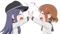 2girls akatsuki_(kancolle) anchor_symbol black_headwear black_sailor_collar brown_hair closed_eyes fang high_five ikazuchi_(kancolle) kantai_collection multiple_girls neckerchief parody parody_request purple_hair red_neckerchief sailor_collar school_uniform serafuku shirt short_hair simple_background smile style_parody sugapi white_background white_shirt