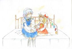 2girls apron ascot black_bow black_bowtie black_socks blonde_hair blush bow bowtie braid closed_eyes closed_mouth collared_shirt commentary_request crystal crystal_wings fang flandre_scarlet green_bow grey_hair hair_bow hat hat_bow hijiki_(hijiri_st) izayoi_sakuya kneehighs long_hair long_sleeves maid maid_headdress mob_cap multicolored_wings multiple_girls on_bed one_side_up open_mouth red_bow red_eyes red_skirt red_vest seiza shirt sitting skirt skirt_set smile socks touhou twin_braids vest waist_apron white_apron white_hat white_shirt white_socks wings yellow_ascot