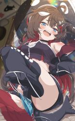 1girl :d absurdres ahoge asymmetrical_legwear bare_shoulders black_choker black_gloves black_jacket black_shirt black_shorts black_thighhighs blue_eyes blue_panties blush breasts brown_hair camisole choker cleavage colored_inner_hair commission crop_top cropped_jacket feet fins fish_tail gloves hair_between_eyes hair_ornament highres jacket long_hair looking_at_viewer lying medium_breasts multicolored_hair no_shoes on_back open_clothes open_jacket open_mouth original panties red_hair shark_girl shark_tail sharp_teeth shiro9jira shirt short_shorts shorts side-tie_panties skeb_commission sleeveless sleeveless_shirt small_breasts smile soles solo string_panties tail teeth thick_eyebrows thighhighs thighs toes two-tone_hair underwear untied_panties unworn_panties virtual_youtuber