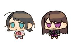 2girls aged_down bang_dream! bang_dream!_it&#039;s_mygo!!!!! black_hair black_jacket blue_eyes chibi chibi_only dripping_eye feiyu30903448 haneoka_school_uniform highres jacket long_hair mole mole_under_eye multiple_girls purple_eyes purple_skirt school_uniform shiina_taki shirt short_hair simple_background skirt wavy_mouth white_background white_shirt yahata_umiri
