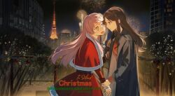 2girls aerial_fireworks bang_dream! bang_dream!_it&#039;s_mygo!!!!! black_coat brown_hair capelet chaluo11 chihaya_anon chinese_commentary coat commentary_request commission eye_contact fang fireworks forehead_blush fur-trimmed_capelet fur-trimmed_skirt fur_trim grey_eyes hand_on_another&#039;s_head highres holding_another&#039;s_wrist long_hair long_sleeves looking_at_another multiple_girls nagasaki_soyo night open_mouth outdoors parted_lips railing red_capelet red_skirt red_sweater second-party_source sidelocks skirt sweater tokyo_tower yuri