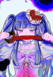 1girl blue_eyes blue_hair bow commentary_request dress flower furudo_erika hair_flower hair_ornament highres hiko_(nekobako_on) long_hair purple_bow red_flower red_rose rose solo standing tape twintails umineko_no_naku_koro_ni white_background