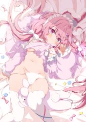 Rule 34 | 1girl, absurdres, animal ears, blue eyes, blush, breasts, clothes lift, commission, detached sleeves, hair ornament, highres, long hair, looking at viewer, low twintails, lying, maid headdress, navel, on back, original, panties, pink eyes, pink hair, rabbit ears, ribbon, shiro9jira, shirt lift, side-tie panties, skeb commission, small breasts, smile, solo, stuffed animal, stuffed rabbit, stuffed toy, thighhighs, thighs, twintails, underboob, underwear, untied panties, virtual youtuber, white panties, white thighhighs