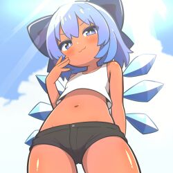 1girl :3 absurdres arm_behind_back bare_shoulders blue_bow blue_eyes blue_hair blush bow cirno closed_mouth cloud collarbone day hair_bow hand_up highres ice ice_wings light_rays looking_at_viewer midriff newbear outdoors perspective short_shorts shorts sunbeam sunlight tan tank_top tanned_cirno touhou white_tank_top wings