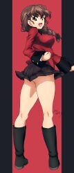 Rule 34 | 1girl, 2025, absurdres, black bow, black ribbon, black skirt, bow, braid, breasts, brown eyes, brown hair, erakin, from behind, from side, girls und panzer, hair ornament, hair ribbon, hairpin, highres, jacket, large breasts, long braid, long hair, long sleeves, miniskirt, open mouth, pleated skirt, red background, red jacket, ribbon, rukuriri (girls und panzer), signature, single braid, skirt, smile, st. gloriana&#039;s military uniform, thighhighs, wind, wind lift