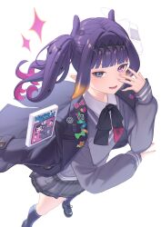 1girl :d absurdres ao-chan_(ninomae_ina&#039;nis) black_coat black_ribbon black_shoes black_skirt black_socks blue_eyes blunt_bangs coat coat_on_shoulders collared_shirt colored_inner_hair commentary eyepatch full_body gradient_hair grey_sweater hand_up highres hololive hololive_english kneehighs lapel_pin looking_at_viewer medical_eyepatch miniskirt mole mole_under_eye multicolored_hair neck_ribbon ninomae_ina&#039;nis ninomae_ina&#039;nis_(school_uniform) official_alternate_costume official_alternate_hairstyle open_mouth orange_hair pink_hair plaid_clothes plaid_skirt pleated_skirt purple_eyes purple_hair resu_desu ribbon school_uniform shirt shoes short_hair side_ponytail sidelocks simple_background skirt smile socks solo sweater tentacle_hair v-neck virtual_youtuber white_background white_shirt