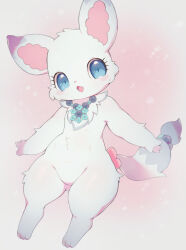 1girl :o animal_ears animal_feet animal_hands arctic_fox bead_necklace beads blue_eyes blurry blush bokeh commentary_request depth_of_field digitigrade flat_chest fluffy fox_ears fox_girl fox_tail furry furry_female highres jewelpet_(creature) jewelpet_(series) jewelry larimar_(jewelpet) looking_at_viewer necklace pear-shaped_figure rorizu shortstack tail white_fur wide_hips