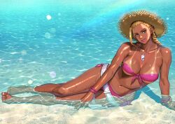 1girl belt bikini blonde_hair blue_eyes bracelet braid breasts cammy_white collarbone commentary_request hat jewelry large_breasts long_sleeves lying lying_on_water midriff navel ocean official_alternate_costume on_side pink_bikini pink_lips sand single_braid smile solo straw_hat street_fighter street_fighter_6 swimsuit tan tanline thighs white_nails yukinoshin_f