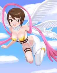1girl :d absurdres angel_wings angewomon angewomon_(cosplay) asymmetrical_clothes bare_shoulders belt black_belt blue_sky bodysuit boobplate boots breastplate breasts brown_eyes brown_hair cleavage clenched_hand clothing_cutout cloud collarbone commentary cosplay day digimon digimon_adventure_02 elbow_gloves feathered_wings floating full_body gloves hagoromo hair_ornament hairclip highres holy_ring looking_at_viewer medium_breasts multiple_wings navel o-ring o-ring_belt omeka_gamma open_mouth shawl short_hair sidelocks single_elbow_glove sky smile solo stomach stomach_cutout teeth thigh_strap upper_teeth_only white_bodysuit white_boots white_gloves wings wrist_wings yagami_hikari