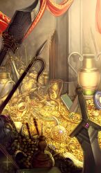 book coin commentary fate/grand_order fate_(series) gold indoors lasengle no_humans official_art planted planted_sword planted_weapon shield sparkle still_life sword third-party_source treasure vase weapon yellow_theme