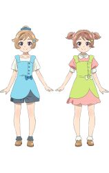2girls black_shorts brown_hair brown_shoes closed_mouth collarbone dress full_body genjitsu_no_yohane green_dress hair_bun hair_flaps highres love_live! love_live!_sunshine!! miki_(genjitsu_no_yohane) multiple_girls nami_(genjitsu_no_yohane) official_art pinafore_dress pink_dress puffy_short_sleeves puffy_sleeves purple_eyes shirt shoes short_hair short_sleeves short_twintails shorts siblings simple_background single_hair_bun sisters sleeveless sleeveless_dress smile sparkle_hair_ornament split_mouth transparent_background twins twintails white_shirt