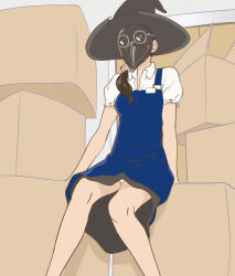Rule 34 | 1girl, archived source, black hat, blue dress, blue overalls, box, character request, dress, feet out of frame, hair over shoulder, haruyama kazunori, hat, long hair, mask, overalls, panties, pantyshot, ponytail, sitting, solo, underwear, upskirt, white panties