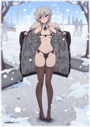 1girl :o anastasia_(idolmaster) averting_eyes bikini black_bikini black_coat black_shoes blue_eyes blush breasts breasts_apart brown_thighhighs coat commentary detached_collar english_commentary flashing front-tie_bikini_top front-tie_top full_body fur-trimmed_hood fur_trim gluteal_fold grey_hair groin high_heels hood hooded_coat idolmaster idolmaster_cinderella_girls long_legs medium_breasts micro_bikini navel outdoors padded_coat pantyhose people public_indecency pumps shoes short_hair side-tie_bikini_bottom skindentation snow snowing solo_focus swimsuit thighhighs virus-g