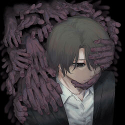 1boy absurdres avogado6 bags_under_eyes black_background black_eyes collared_shirt disembodied_hand grey_hair hair_over_one_eye hand_on_another&#039;s_chin hand_on_another&#039;s_head hand_on_another&#039;s_shoulder highres jacket lapels looking_down male_focus original parted_lips shirt short_hair solo symbolism white_shirt