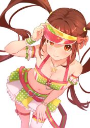 Rule 34 | 1girl, absurdres, adjusting clothes, adjusting headwear, arm garter, asymmetrical legwear, b1ack illust, bare shoulders, blunt bangs, blush, bow, bracelet, breasts, brown eyes, brown hair, cleavage, closed mouth, collarbone, cowboy shot, crop top, frilled skirt, frills, from above, hair bow, hair tie, highres, idolmaster, idolmaster million live!, idolmaster million live! theater days, jewelry, leg ribbon, long hair, looking at viewer, matsuda arisa, midriff, miniskirt, multicolored skirt, navel, necklace, pink bow, pink ribbon, pink trim, polka dot, ribbon, sidelocks, simple background, single thighhigh, skirt, smile, solo, standing, star (symbol), star bracelet, star necklace, thighhighs, twintails, upturned eyes, very long hair, visor cap, white background, wristband