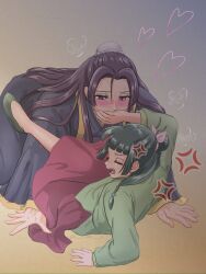 1boy 1girl blush closed_eyes covering_another&#039;s_mouth green_hair hand_over_another&#039;s_mouth heart hetero highres jinshi_(kusuriya_no_hitorigoto) kiss kissing_hand kusuriya_no_hitorigoto long_hair maomao_(kusuriya_no_hitorigoto) purple_hair ran_(pixiv44170519) simple_background sweat sweatdrop
